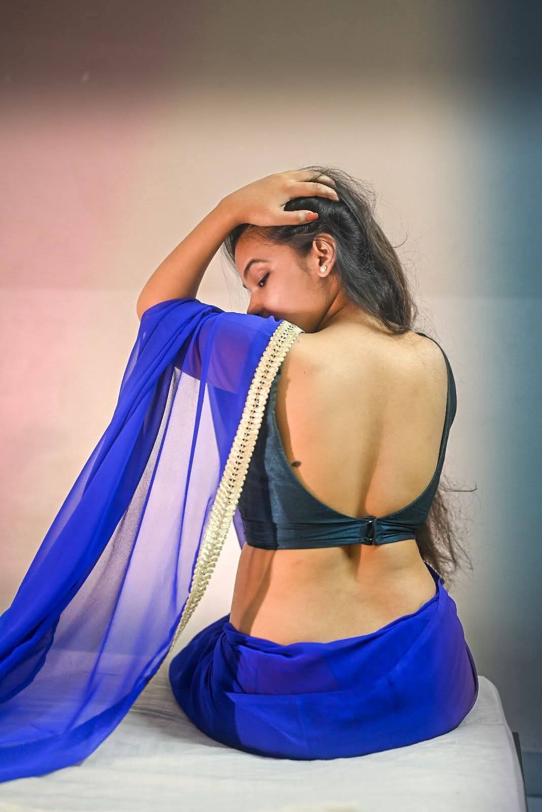 Keya Halder - West Bengal Saree Beauty - Indian Blue Saree Lover - Kolkata Saree Model - Saree River - Backless Blouse Fashion