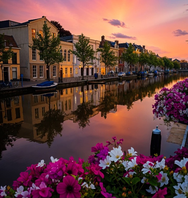 Canal houses glowing in Leiden, Netherlands!