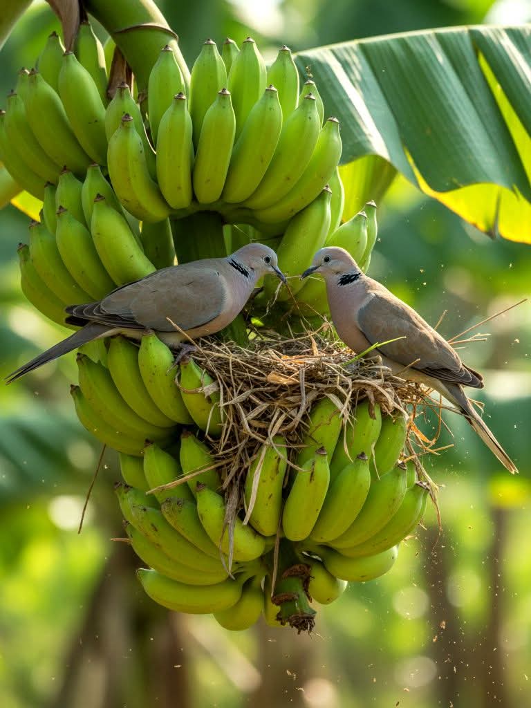 কলার কাঁদির মধ্যে ঘুঘু পাখি বাসা তৈরি করতেছে। ঘুঘু পাখির বাসার সুন্দর দৃশ্য।