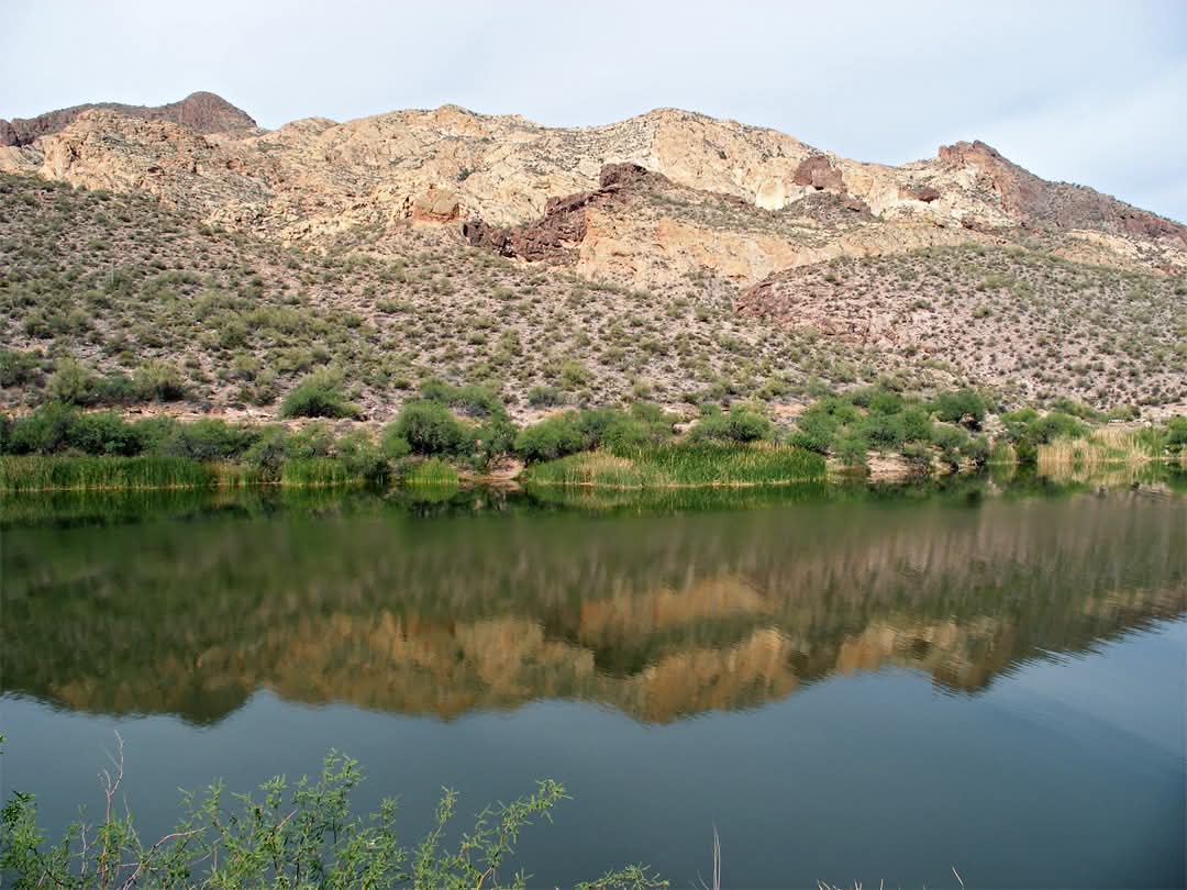 Reflections on Canyon Lake, at the lower end of La Barge Canyon; in the Superstition Mountains, Arizona