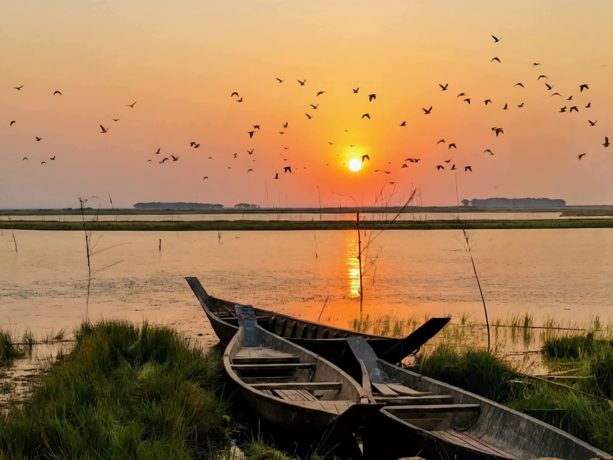 শ্রীমঙ্গলের হাকালুকি হাওরে পাখিদের সাথে সূর্যাস্তের সুন্দর দৃশ্য।❤️