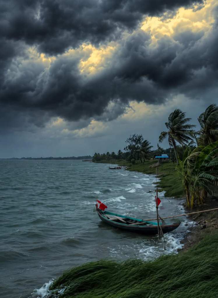 বৃষ্টি আসার আগের মুহুর্তের নদীতে পাড়ের সুন্দর দৃশ্য।