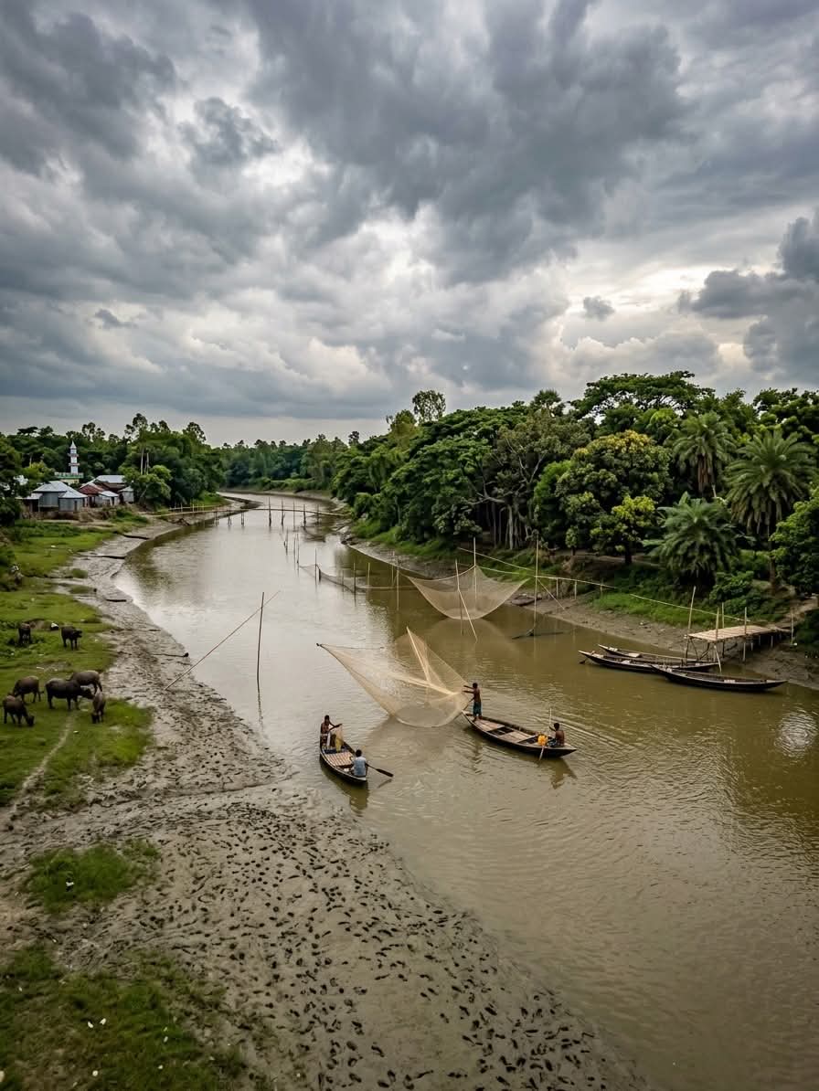 নদীমাতৃক দেশের চিরন্তন এক দৃশ্য। যেখানে মেঘলা আকাশও এক অদ্ভুত প্রশান্তি ছড়ায়।☁️🛶