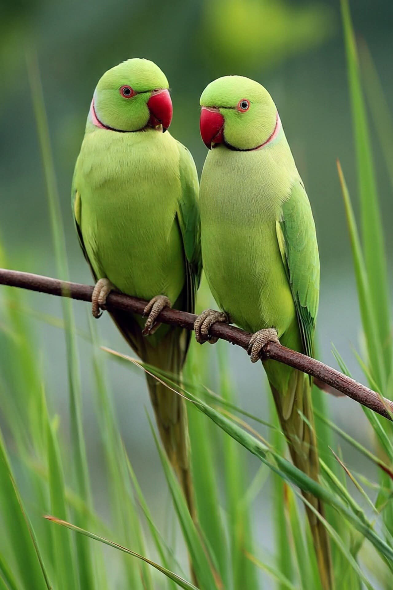 Rose-ringed Parakeet Psittacula krameri 
The bright green pair with red beaks. The one on the left is a male — you can tell by the thin black and pink ring around its neck. Females don't have that ring. Very common across India, including West Bengal. Also called tiya pakhi locally.🥰