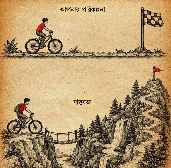 পরিকল্পনার পথটা কাগজের কলমে যতটাই সহজ ও মসৃণ দেখাক না কেন, বাস্তবতার পথটা খানাখন্দ আর চড়াই-উৎরাইয়ে ভরা! আসল বিজয়ী তারাই, যারা এই প্রতিকূলতার পাহাড় টপকেও লক্ষ্যের দিকে এগিয়ে যায়। 🚵‍♂️⛰️