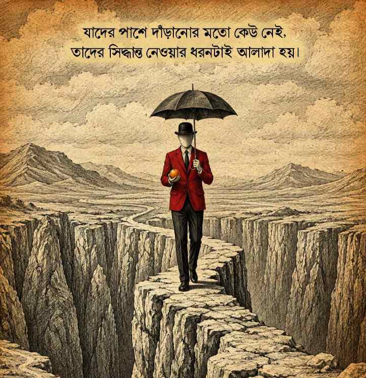 যাদের পেছনে ভরসা করার মতো কেউ থাকে না, তাদের প্রতিটা পদক্ষেপ হিসেব কষে ফেলতে হয়। ভুল করার কোনো সুযোগ তাদের নেই, তাই তাদের সিদ্ধান্তগুলো হয় সম্পূর্ণ ভিন্ন ও পরিপক্ব!🚶‍♂️🌧️