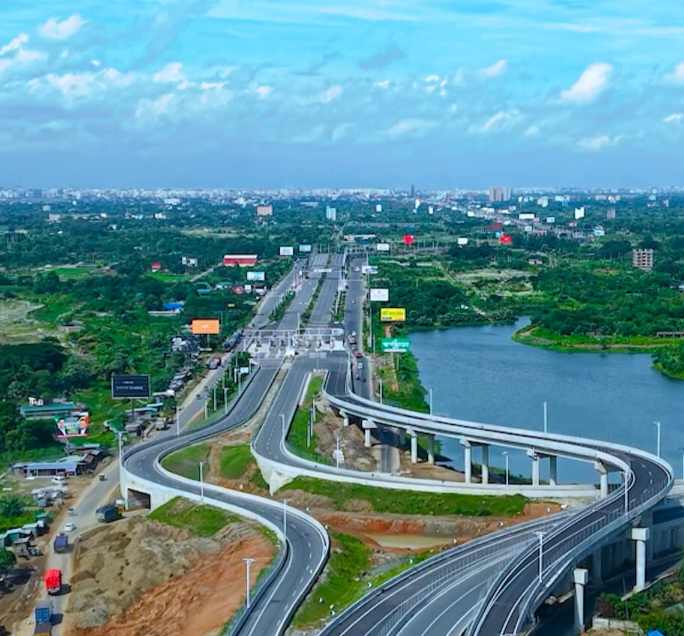 পূর্বাচলের শেষ প্রান্তে দৃশ্যমান ওভারপাস, আন্ডারপাস।